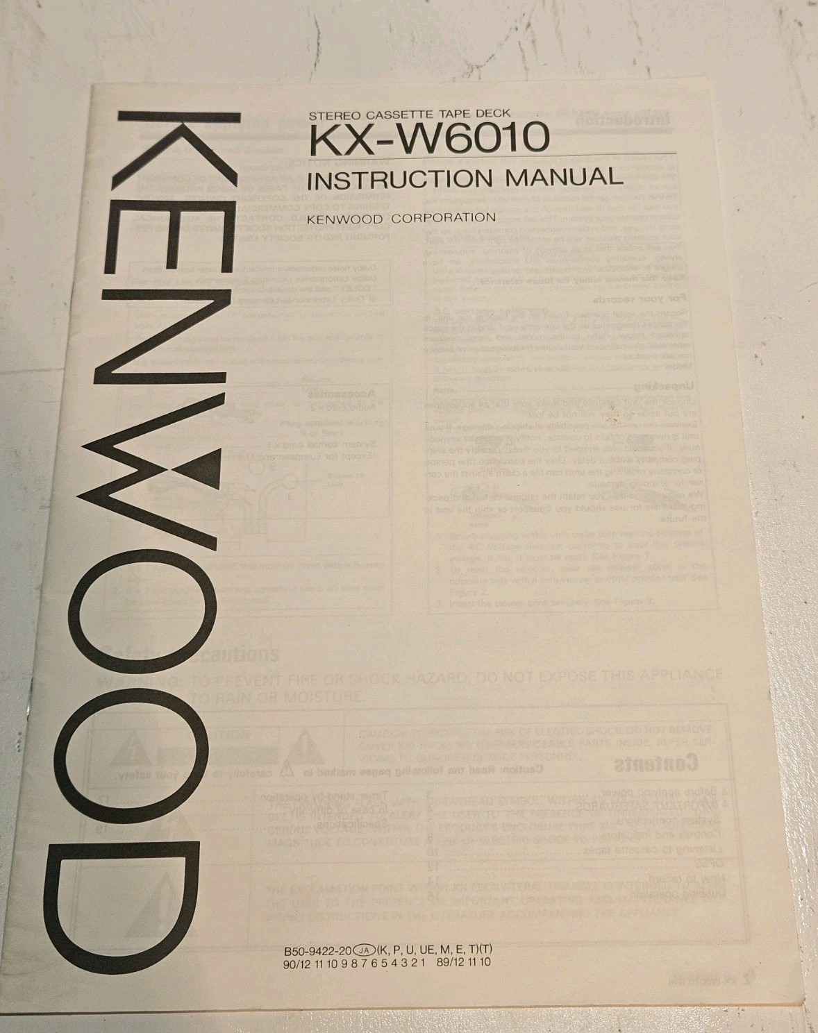 Vintage 1989 Kenwood Stereo Cassette Deck Instruction Manual KX-W6010