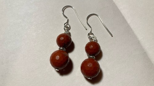 Red Jasper Gemstone Round Sterling Silver Handmade Earrings 1.5 Inch Dangle Drop - Picture 2 of 7