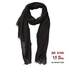 Summer Cotton Blend Crinkle Vintage Soft Scarf with Fringed Edges 35"  Black