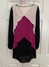 Black SILK Layered Tiered Ruffles Color Block Shift Dress Long Sleeves NWT! ~ M