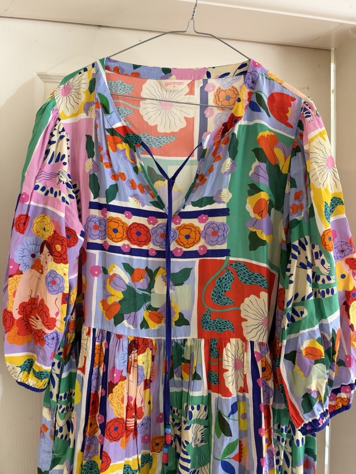 Gorman Floral Smock Midi Dress Cotton V-Neck 3/4 Balloon Sleeve AU 14