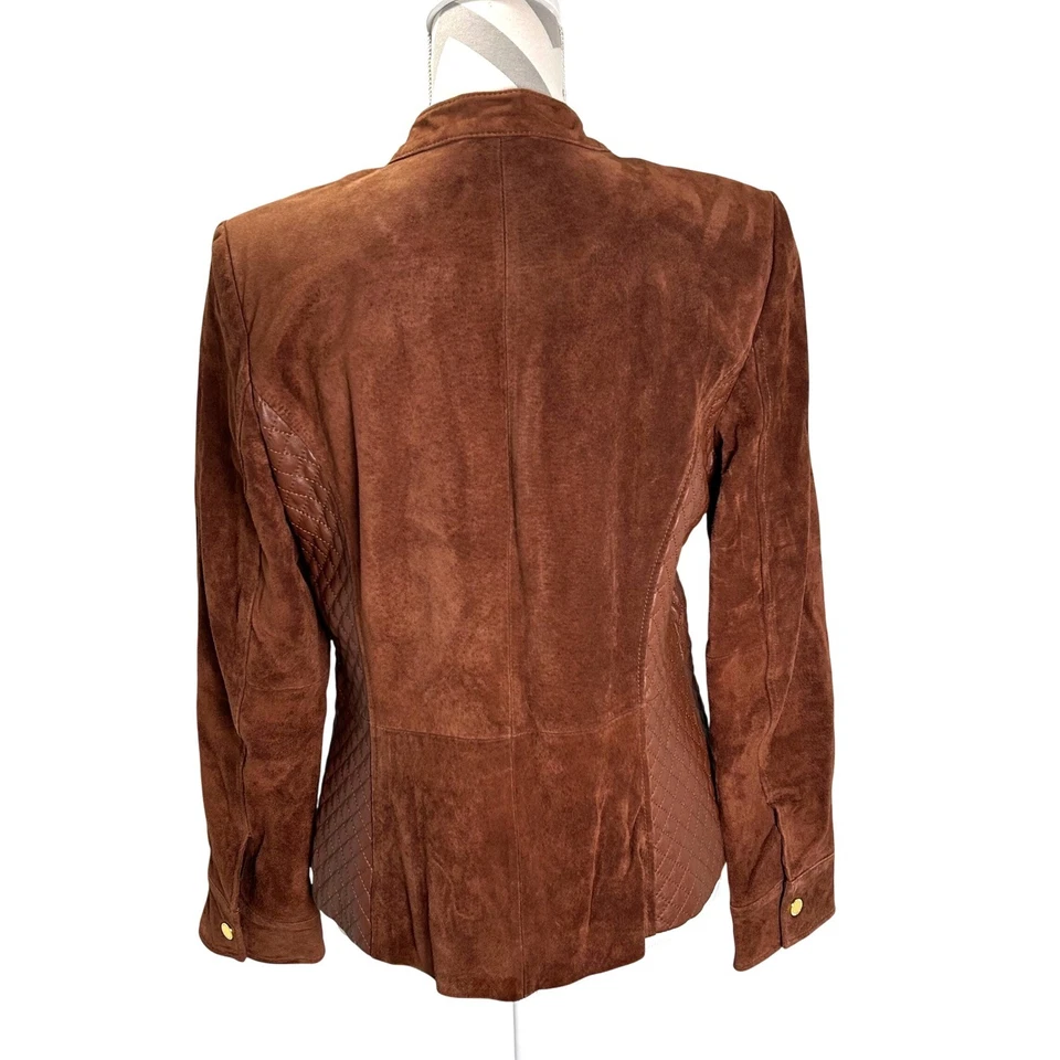 Chaqueta de moto Isaac Mizrahi Live marrón gamuza acolchada ribete de cuero para mujer talla 6 Foto 2 de 4