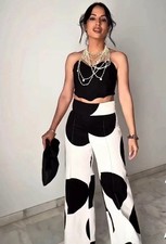 ZARA SS25 NEW MID-RISE ZW POLKA DOT WIDE-LEG PANTS BLACK WHITE 2068/557