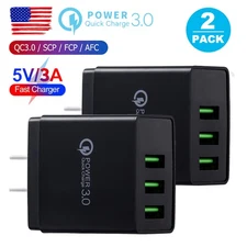 2X 3Port USB Home Wall Fast Charger QC 3.0 For Cell Phone iPhone Samsung Android