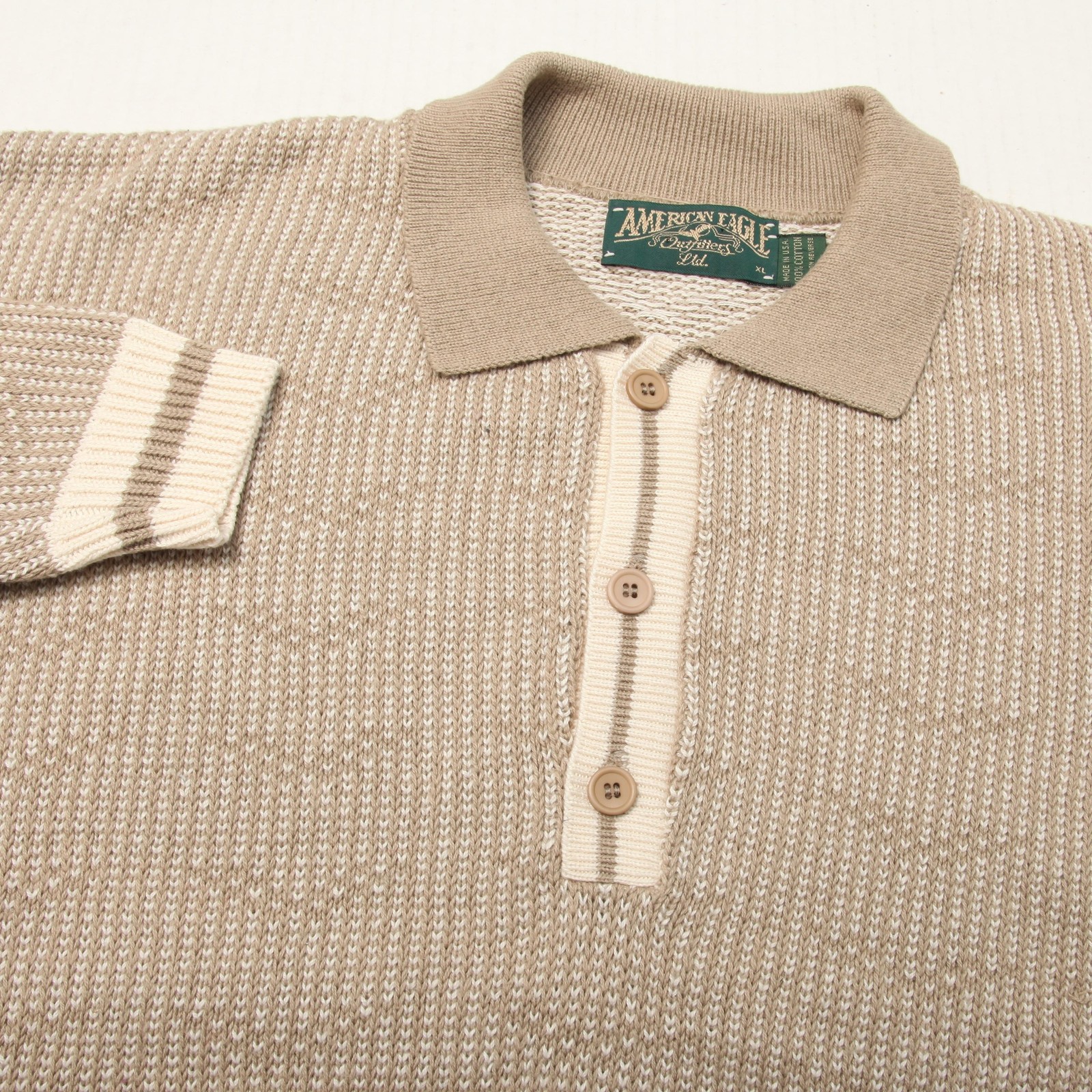 Vintage American Eagle Outfitters Sweater Mens XL Beige Knit Polo Made USA 90s