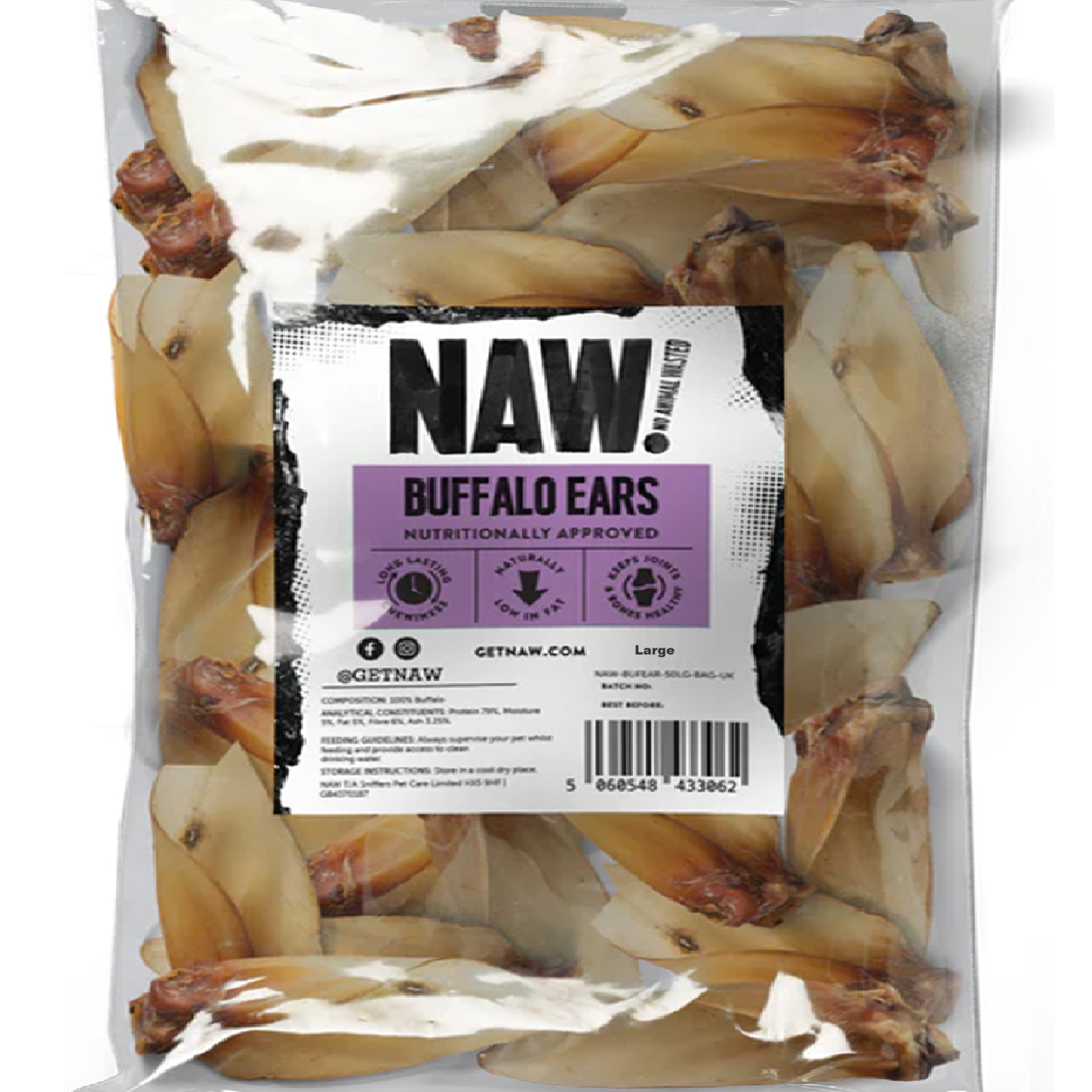 NAW! LARGE BUFFALO EARS NATURAL DOG CHEW TREATS OMEGA 3 HEALTHY TREAT BULK 50PCK