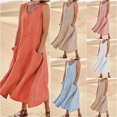 Damen Sommerkleid Kleid Ärmellos Lose Maxikleid Casual Tankkleid mit Taschen DE