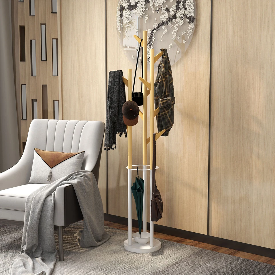 HOMCOM Appendiabiti da Terra con Portaombrelli e 12 Ganci Metallo Bianco e Bambù - Immagine 3 di 4