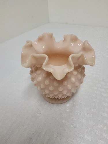 Fenton Pink Pastel Hobnail Ruffled Art Glass Rose Bowl MCM