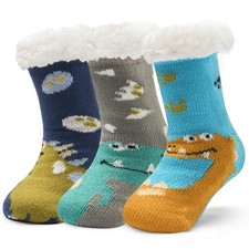 Toddler Boys Fuzzy Socks Winter Warm with Grips 2-3T, Cute Dinos 6302