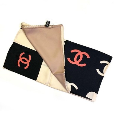 CHANEL Scarf Beige Black Silk Logo Design Women France 125572 | eBay