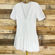 Zara White Open Work Embroidery Mini Dress V Neck Cotton Size XS
