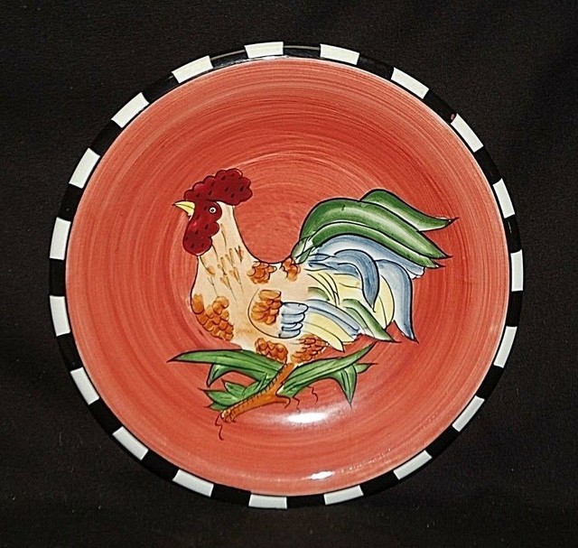 Traditional 8" Red Rooster Plate Country Farm Black & White Striped
