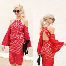 Bardot Mila Lace Dress Cold Shoulder Flare Sleeve Halter Neck Red Cut Out Back 4