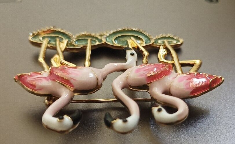 New Napier Gold Tone Flamingos with Simulated Crystals Pin