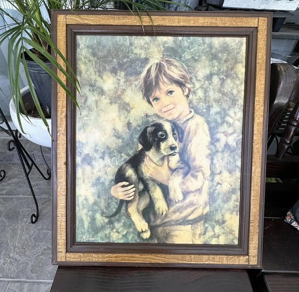 Vintage Mid Century Boy And Dog Comrades Signed Mitchell Framed