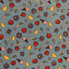 "Village People" Floral Fabric By Fabri-Quilt Apples Lemons Ice Cream Blue BTY