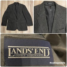 Lands End Tweed Lambswool Blazer Men  s Size 42 Long Gray Herringbone Academia