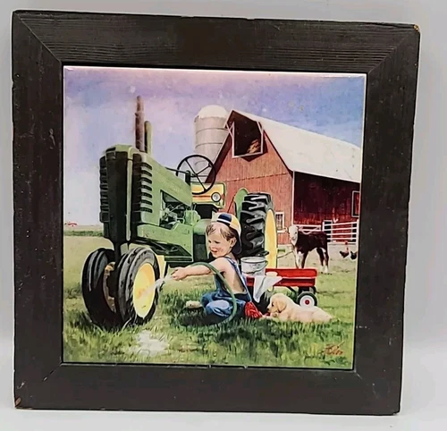 Donald Zolan John Deere Plaque/trevit with kid cleaning the tractor on a farm