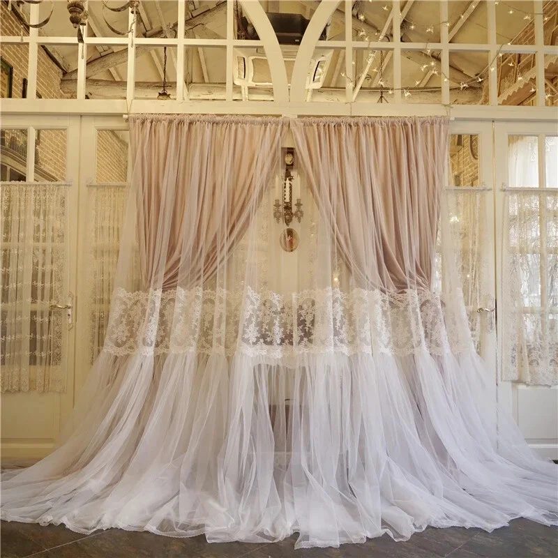Retro French Curtains for Living Room Bedroom Lace Double-layer Window Drapes - Image 2 of 4
