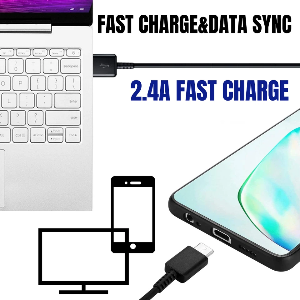 Cargador rápido de coche de pared para Samsung s10 s9 Android LG paquete de 3 cables USB-C tipo C de 4 pies Foto 3 de 4