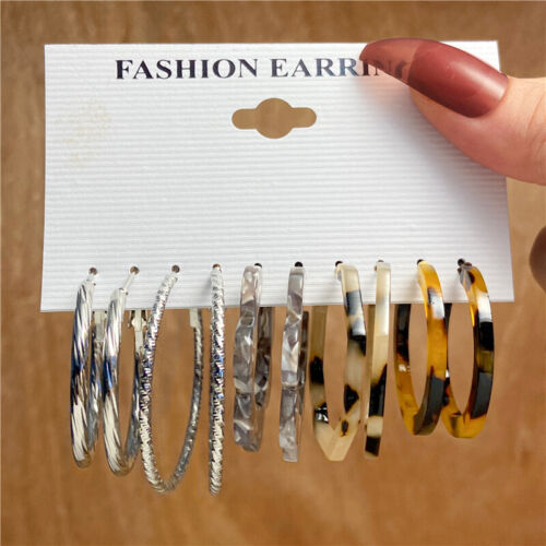 Women's Fashion Jewelry Silver Geometric Hoop Stud Earrings Set 1-38-9 - Picture 1 of 1
