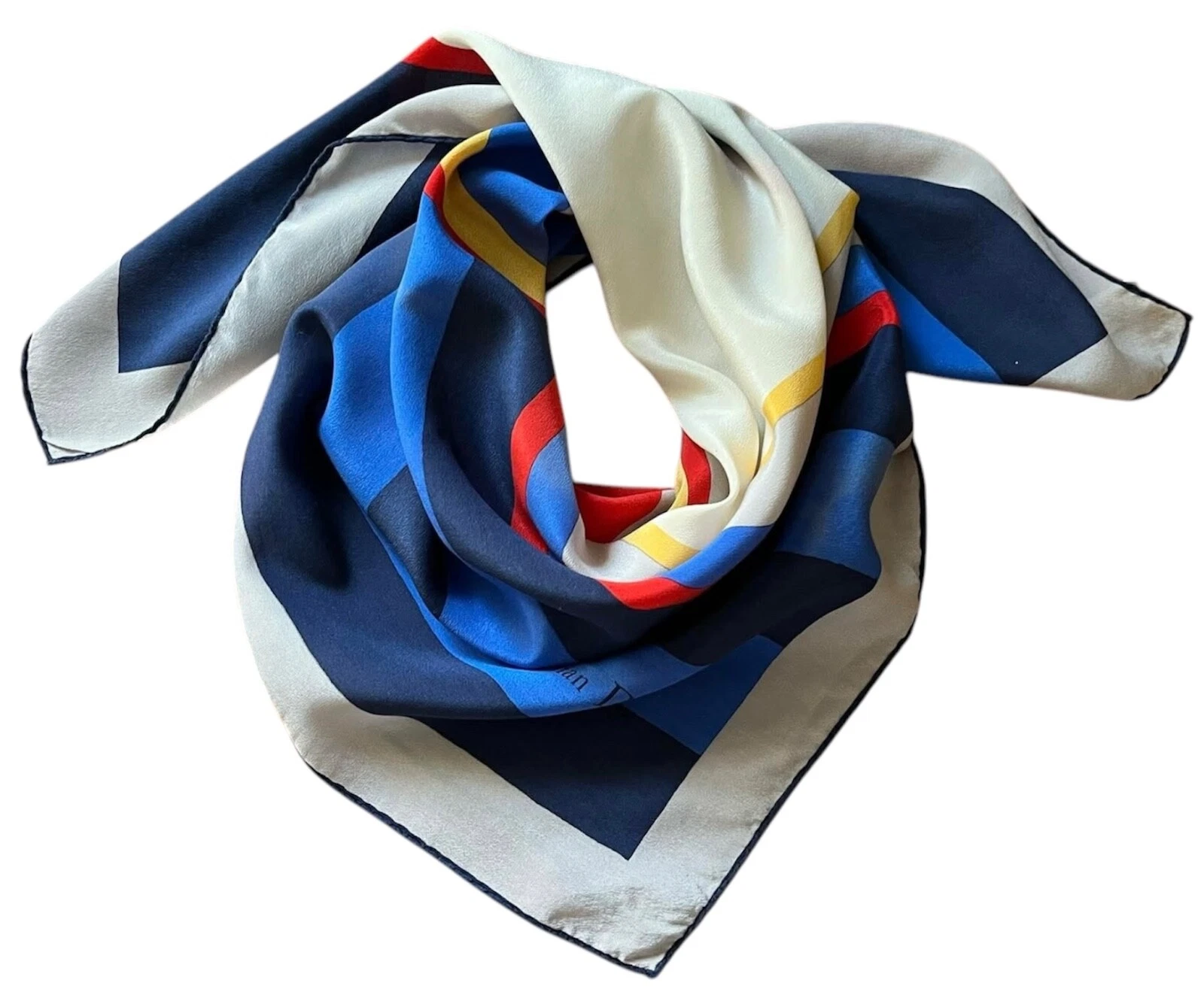 Foulard vintage Christian Dior en soie bleu rouge motif géométrique 28