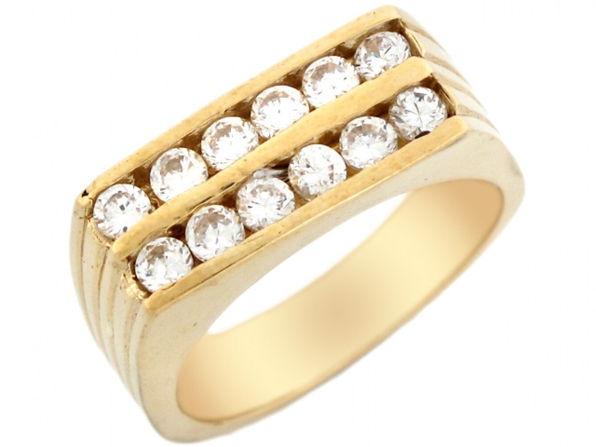 10k or 14k Solid Yellow Gold Two Row Channel Set CZ Mens Ring