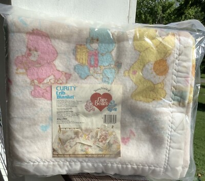 Vintage Care Bears Baby Blanket “Curity” NOS Sealed Pkg Made In USA 40”X45” 