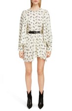 ISABEL MARANT Ivory White Black Fan Print Silk Oversize Puff Sleeve Dress 4 36 S