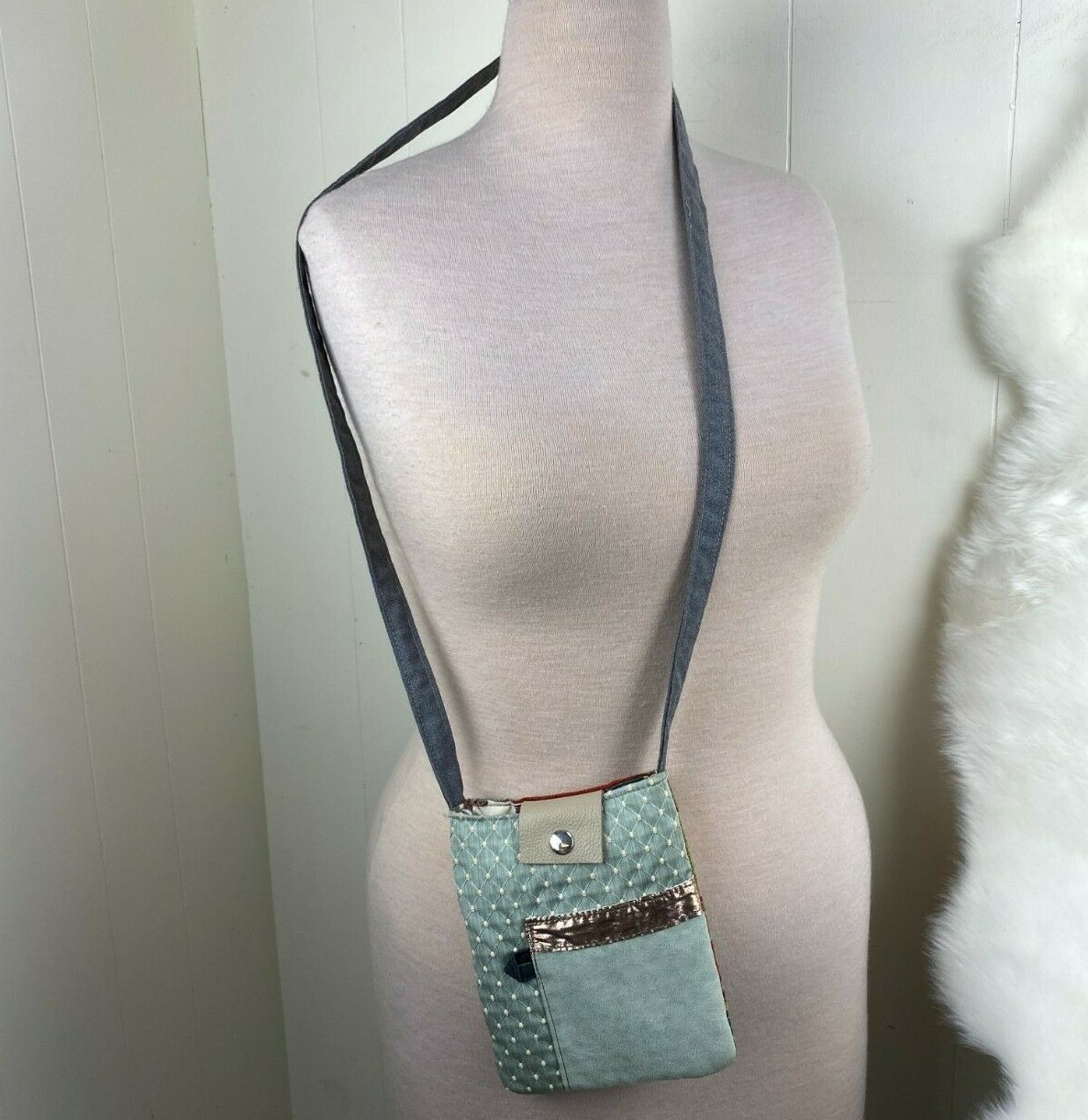 Handmade Patchwork Leather & Fabric Crossbody Bag - image 2