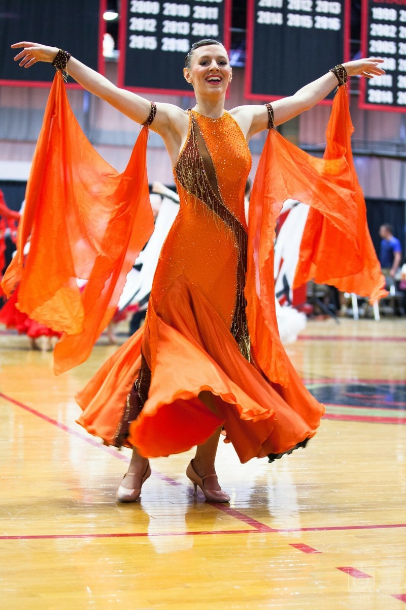 Designer Chrisanne Smooth/ Standard orange ballroom dance dress sm/med