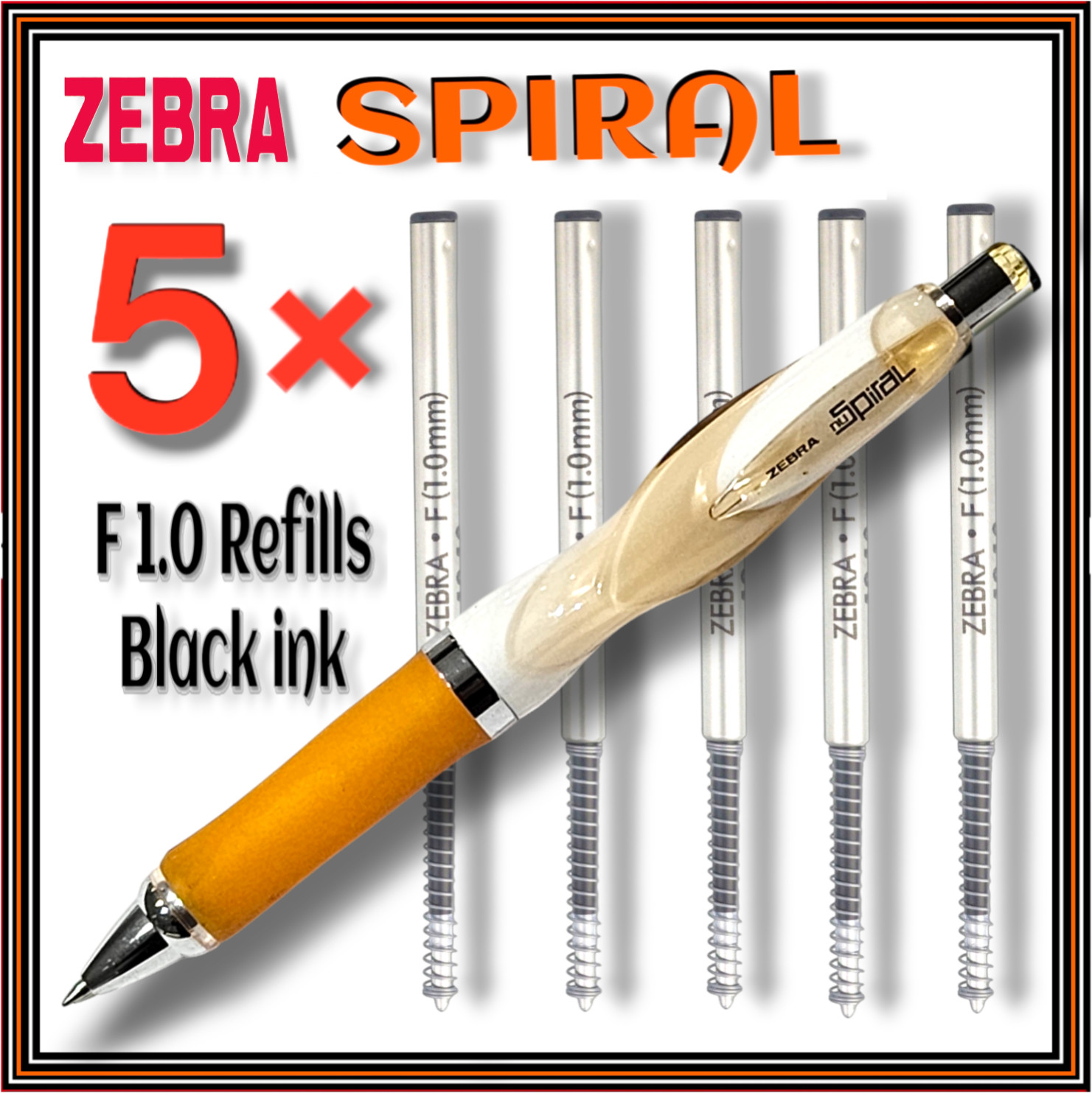Zebra F 1.0mm Ballpoint Pen Refill BLACK Ink x 5  + ZEBRA SPIRAL ORANGE BODY PEN