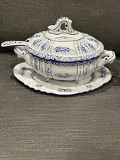 Vintage Tureen, Lid, Ladle, Underplate. Blue And White. Hand painted Portugal