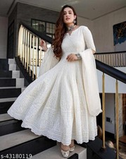 Indian Women's White Anarkali Style Long Gown Kurta Set with Dupatta.