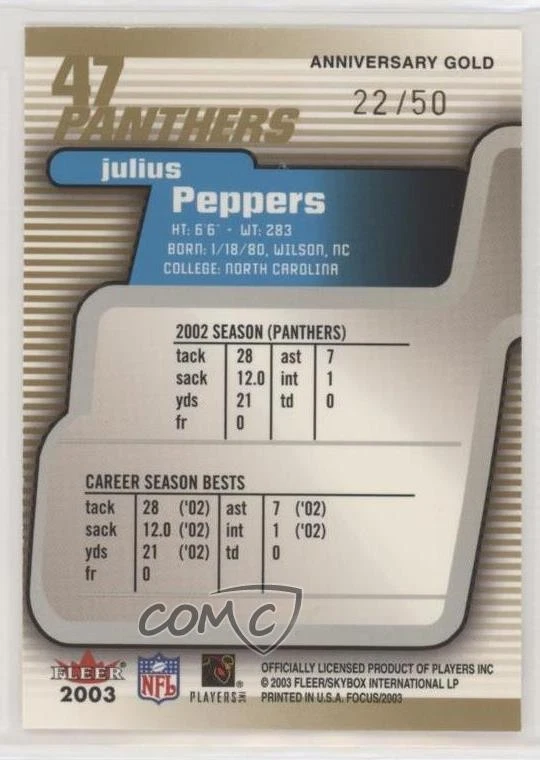 2003 Fleer Focus Anniversary Gold /50 Julius Peppers #47 HOF - Image 2 of 2