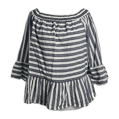 Crown & Ivy Blue White Striped Cotton Seersucker Bell Sleeve Top Blouse Size XL