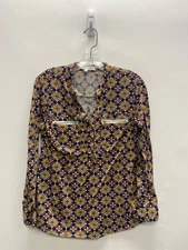 Eden & Olivia Size S Navy/Cream Gold Geometric V Neck Ladies Top