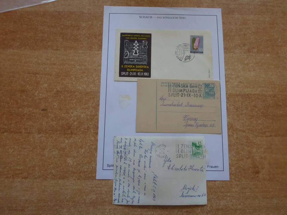 II. Schacholympiade der Frauen Split 1963 drei rare Belege mit Ersttagsstempel - Bild 1 von 1