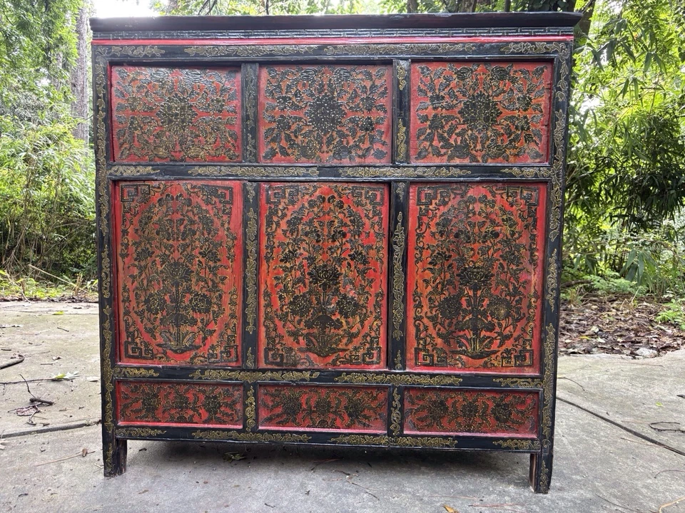 Antiguo gabinete de boda tibetano floral pintado Foto 3 de 4