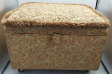 LARGE FLORAL PATTERN SEWING BOX STOOL ON CASTORS WITH CONTENTS SHOWS WEAR *READ*