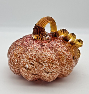GLASS PUMPKIN Figurine 6  Yel Tan Wht Orange Spiral Stem Halloween Autumn Season