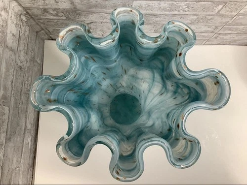 Vintage Murano Ruffle Top Light Blue & Gold Glass Vase 16" H X 11"W X 11.5"D HTF