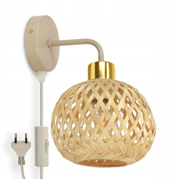 Luxolar LED Wandleuchte Mit Stecker Schalter E27 Bambus - Boho Beige/Gold-image