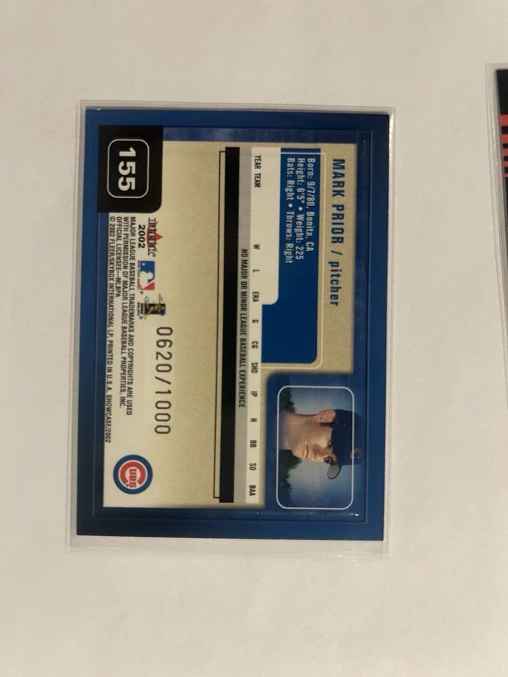 2002 Fleer Showcase Gold /1000 Mark Prior #155 Rookie Card (RC) - Cubs - Image 2 of 2