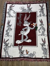 Vtg Looney Tunes Bugs Bunny Throw Blanket Tassle Fringe 1996 Warner Bros 44 x 57