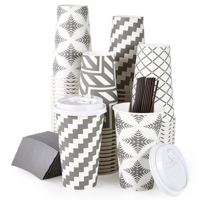 100 Pack 16 oz Paper Coffee Cups, Disposable Coffee Cups with Lid, Sleeve, an...