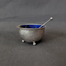 Footed Open Salt Cellar Cobalt Glass Insert Silver Plate Base Made In England