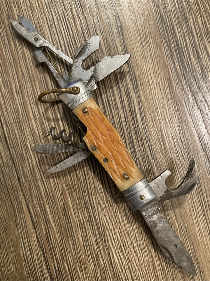 A charming mid-century Japanese multi-tool pocket knife from a now-obscure cutlery brand — the kind of oddity that vintage EDC collectors love to hunt down.