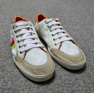 Gucci GG Monogram Sneakers Orange Leather Tri-Color Web Stripe Men Shoes 11 Us